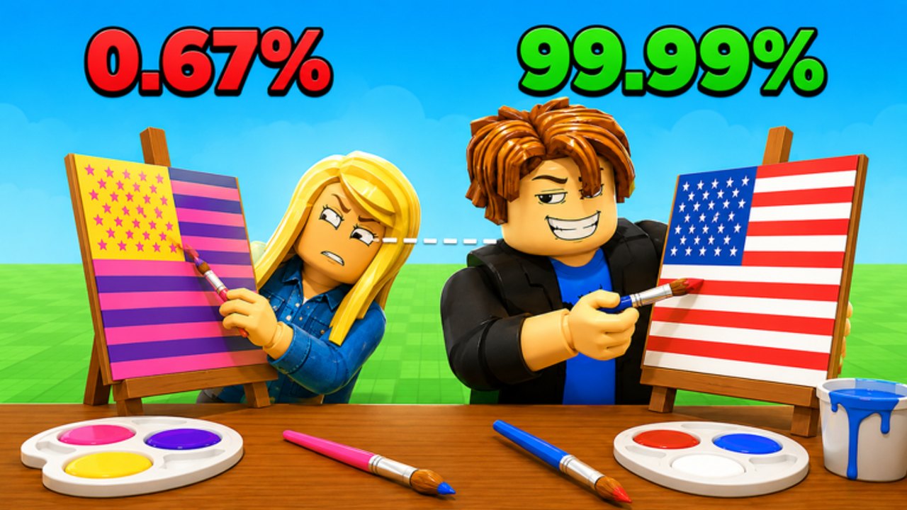 Two Roblox avatars painting United States flags on easels in Color My Flag, with accuracy scores of 0.67 percent versus 99.99 percent.