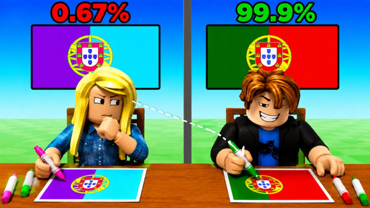 Color My Flag table duel showing Portugal painted incorrectly in purple and cyan versus the correct green and red flag.